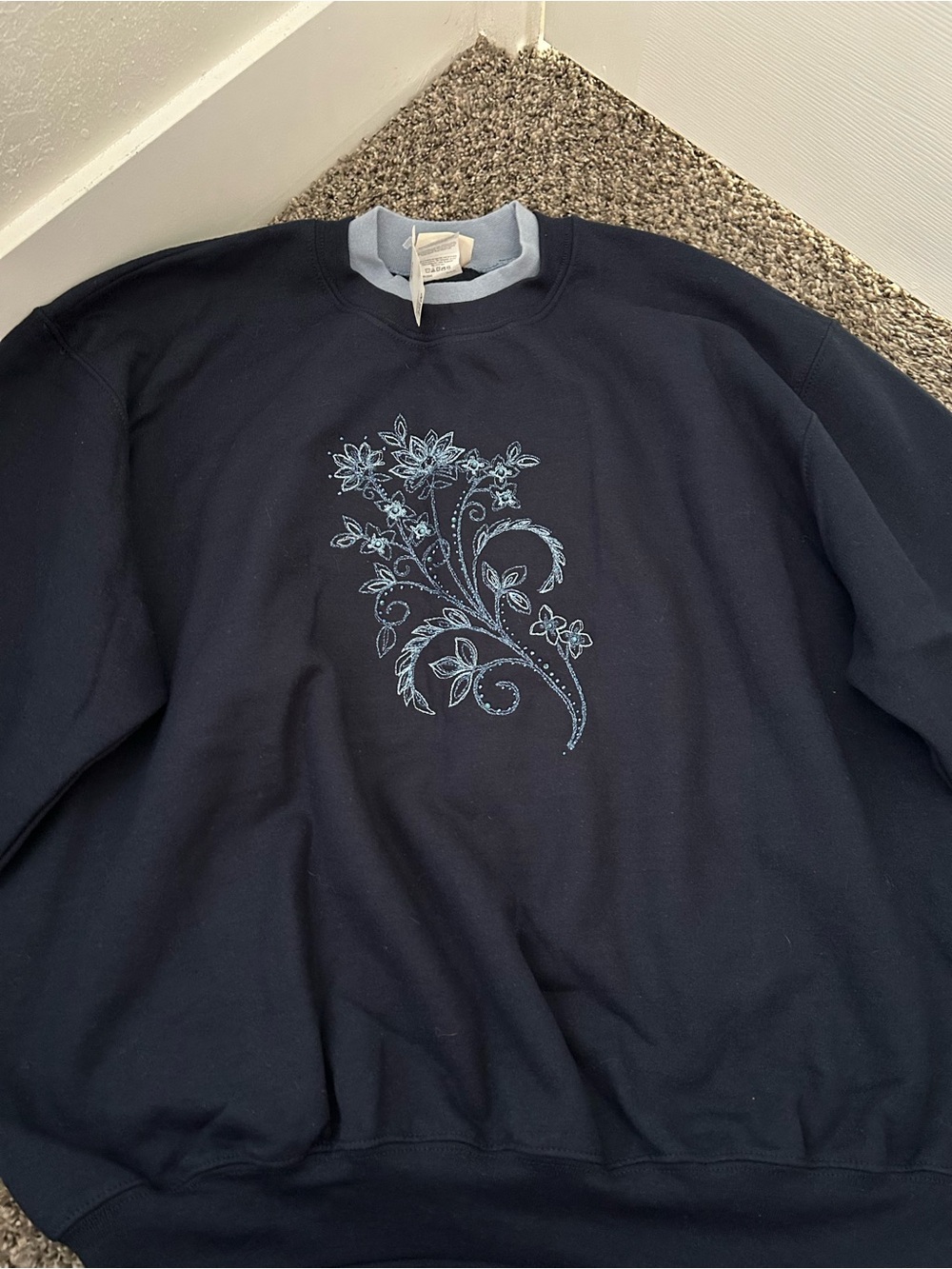 Navy Crewneck Sweater with Light Blue Floral Embroidery